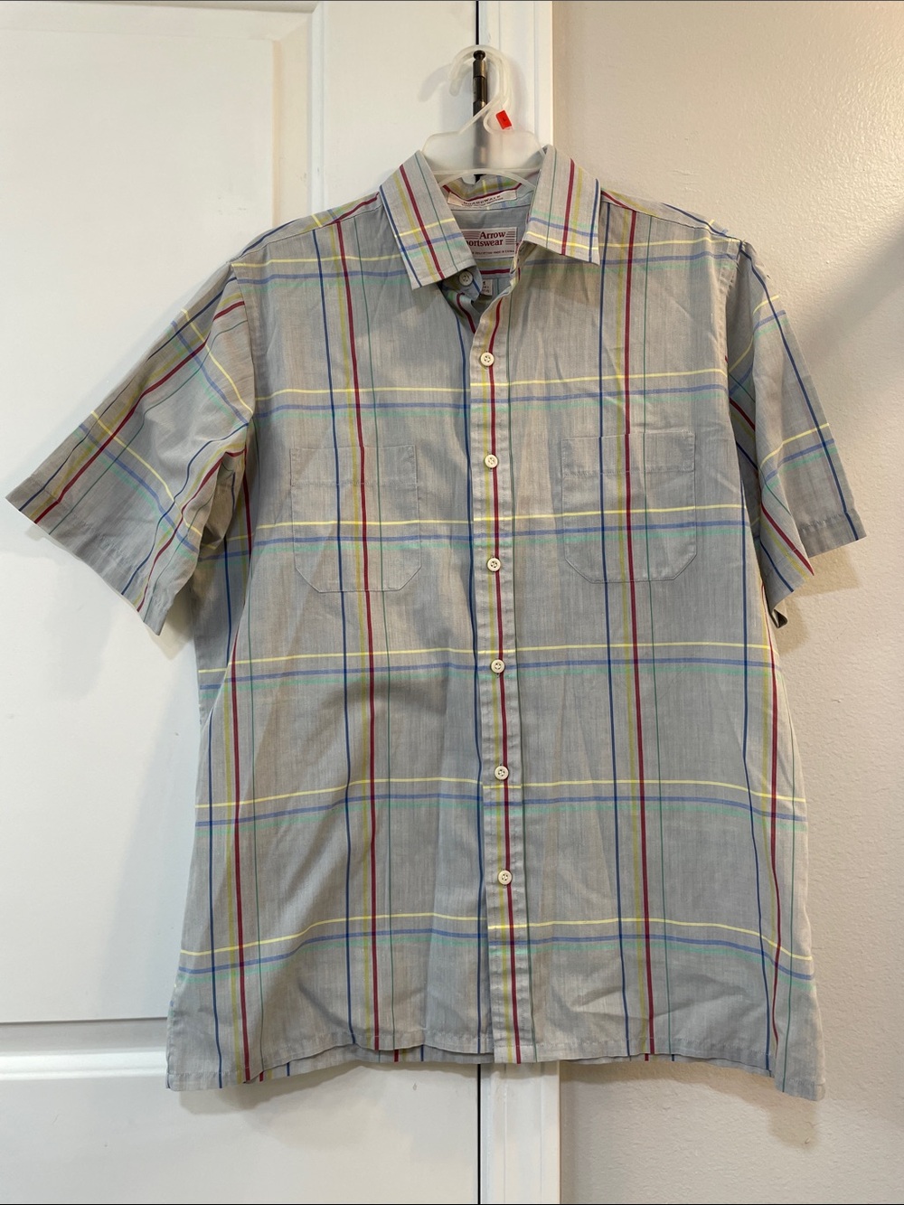 Short-Sleeve Plaid Button-Up Shirt - Gray with Multicolor Stripes